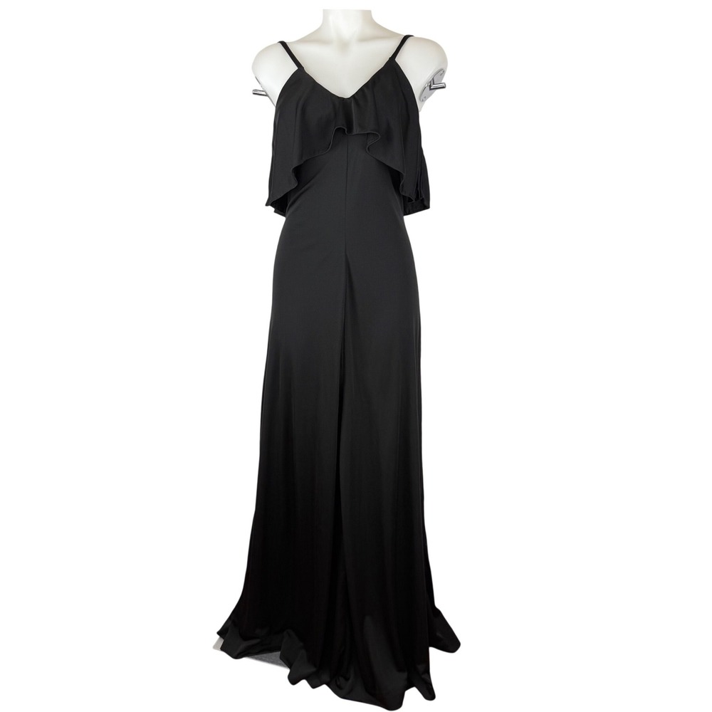 Vintage 70s Handmade Black Polyester Knit Ruffle V-Neck Maxi Dress Extra Long